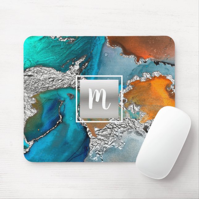 Monogram watercolor marble silver turquoise orange mouse pad (With Mouse)