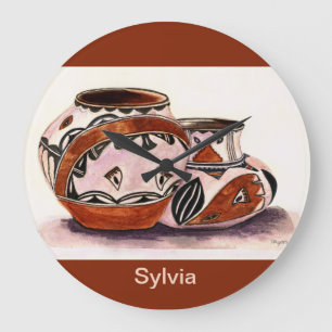 Monogram Watercolor Native American Pottery Art Large Clock