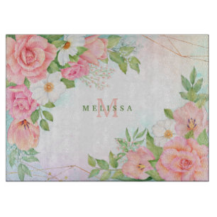 Monogram Watercolor Ombre Floral Greenery Pink Cutting Board
