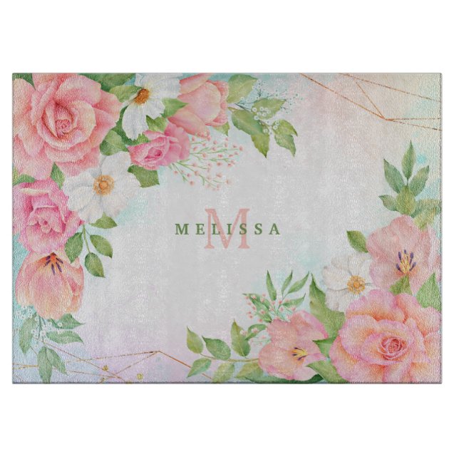 Monogram Watercolor Ombre Floral Greenery Pink Cutting Board (Front)