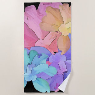 Monogram Watercolor Pastel Camellias on Black Beach Towel