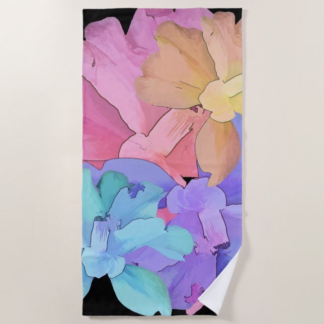 Monogram Watercolor Pastel Camellias on Black Beach Towel (Front)