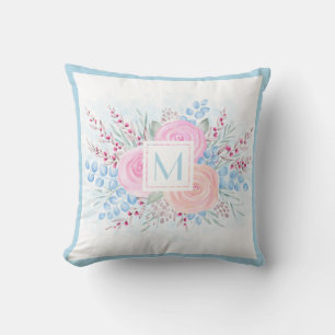 Monogram Watercolor Pastel Pink Roses Blue Leaves Throw Pillow