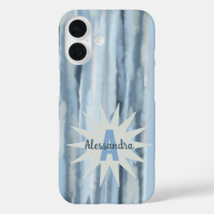 Monogram watercolor pastel stripes blue navy gray  iPhone 16 case