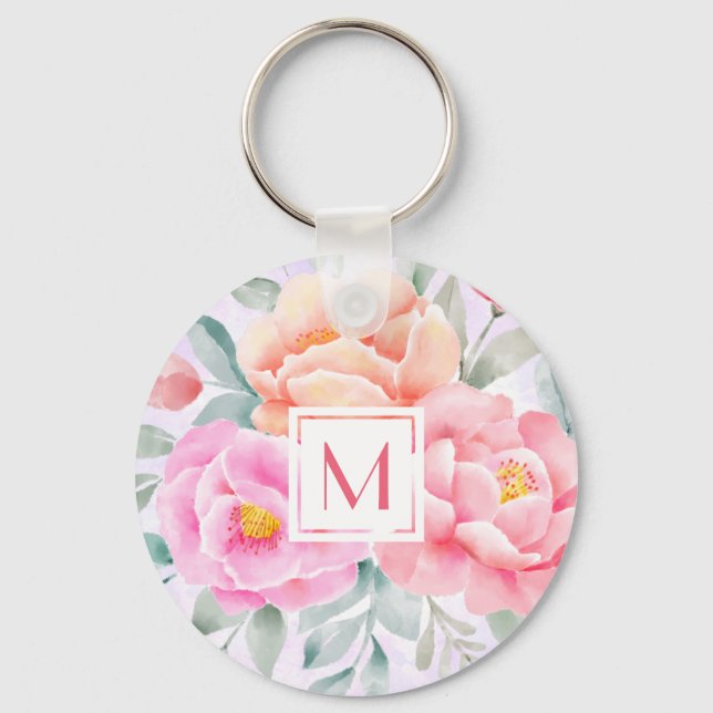 Monogram Watercolor Peonies Roses Pink Floral Boho Keychain (Front)