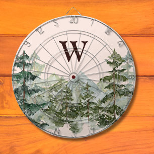 Monogram Watercolor Pine Forest & Mountain Rustic Dartboard