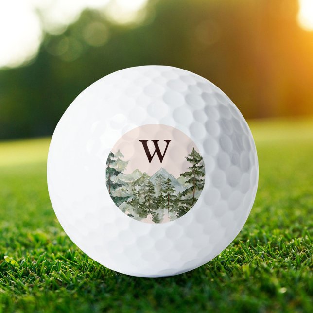 Monogram Watercolor Pine Forest & Mountain Rustic Golf Balls (In situ)