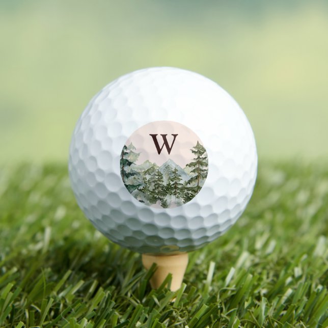 Monogram Watercolor Pine Forest & Mountain Rustic Golf Balls (Insitu Tee)