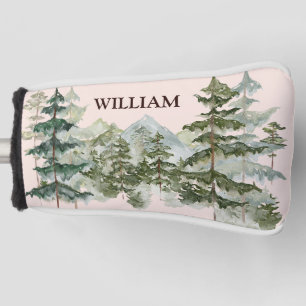 Monogram Watercolor Pine Forest & Mountain Rustic Golf Head Cover
