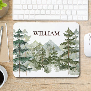 Monogram Watercolor Pine Forest & Mountain Rustic Mouse Pad