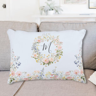 Monogram Watercolor Pink Blue Flowers Floral Accent Pillow