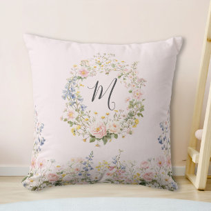 Monogram Watercolor Pink Blue Flowers Floral Throw Pillow