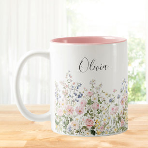 Monogram Watercolor Pink Blue Flowers Floral  Two-Tone Coffee Mug