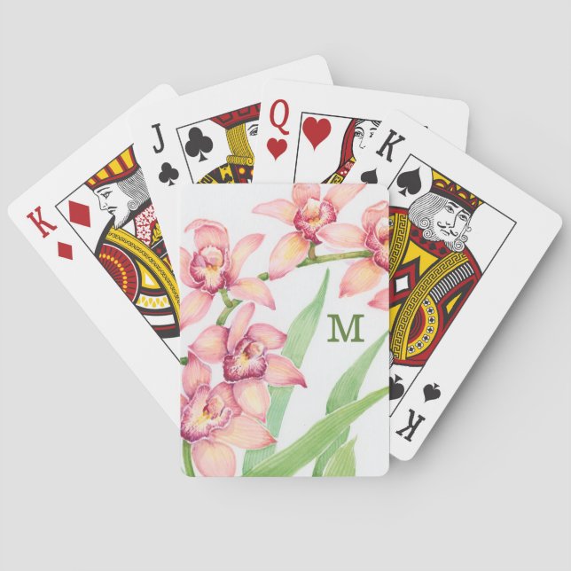 Monogram | Watercolor Pink Flowers Playing Cards (Back)