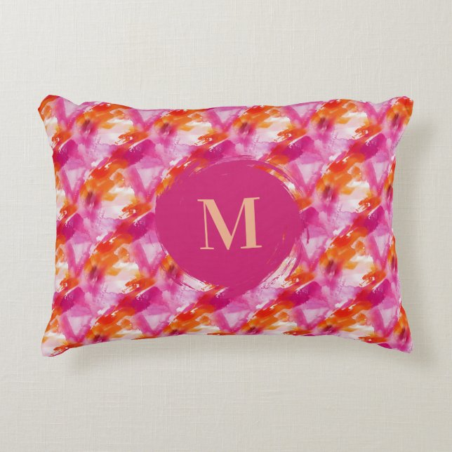 Monogram Watercolor Pink Orange Abstract Accent Pillow (Front)