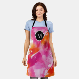 Monogram Watercolor Pink Orange Abstract Apron