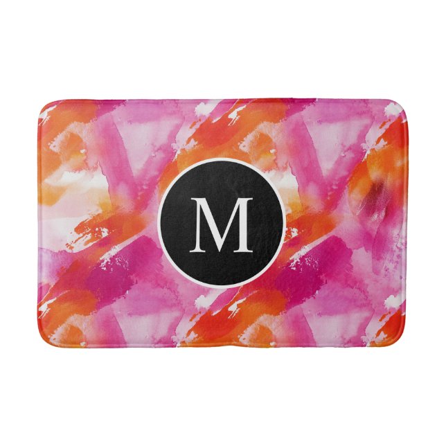 Monogram Watercolor Pink Orange Abstract Bath Mat (Front)