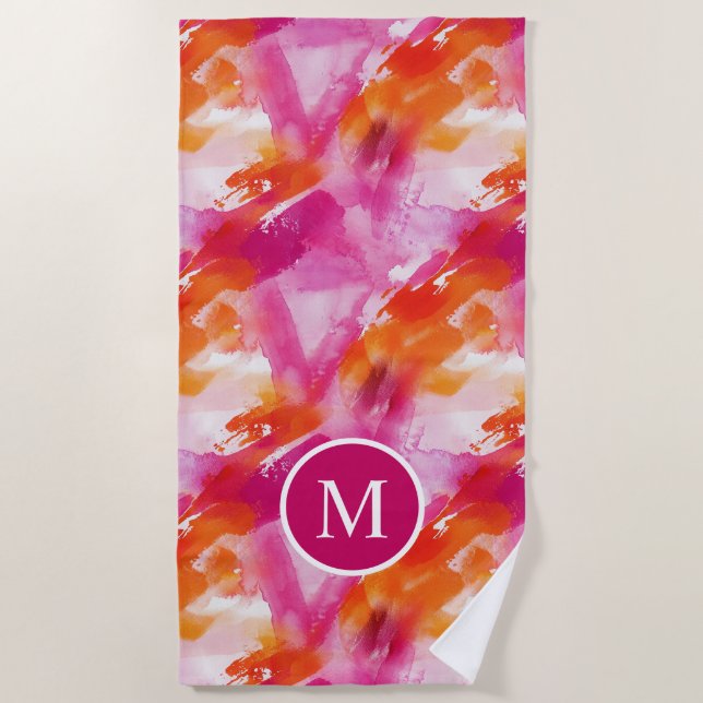 Monogram Watercolor Pink Orange Abstract Beach Towel (Front)