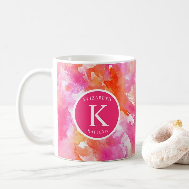Monogram Watercolor Pink Orange Abstract Coffee Mug (With Donut)