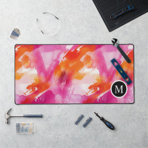 Monogram Watercolor Pink Orange Abstract Desk Mat