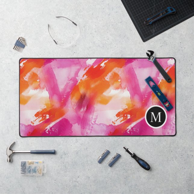Monogram Watercolor Pink Orange Abstract Desk Mat (Workstation)