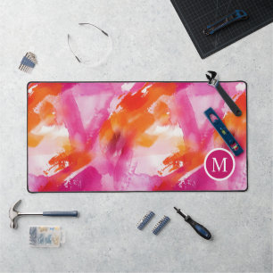 Monogram Watercolor Pink Orange Abstract Desk Mat