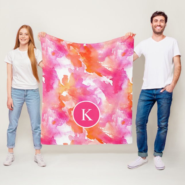 Monogram Watercolor Pink Orange Abstract Fleece Blanket (In Situ)