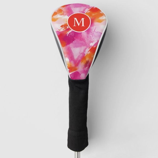 Monogram Watercolor Pink Orange Abstract Golf Head Cover (Front)