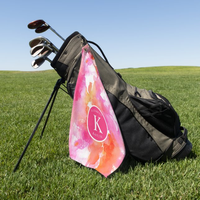 Monogram Watercolor Pink Orange Abstract Golf Towel (Green)