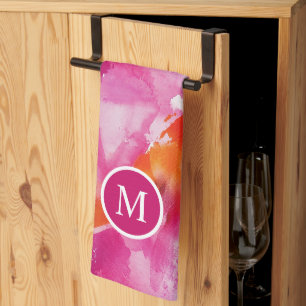 Monogram Watercolor Pink Orange Abstract Kitchen Towel
