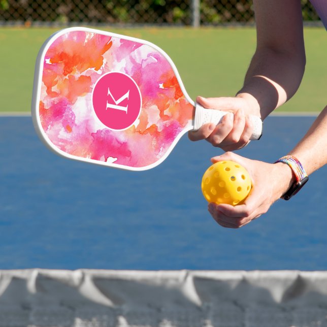 Monogram Watercolor Pink Orange Abstract Pickleball Paddle (Insitu)