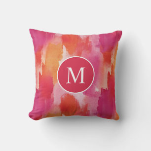 Monogram Watercolor Pink Orange Abstract Throw Pillow