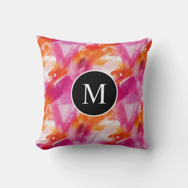 Monogram Watercolor Pink Orange Abstract Throw Pillow (Front)
