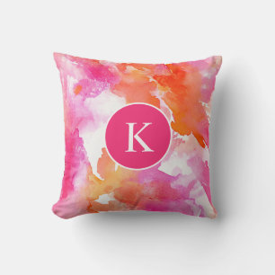 Monogram Watercolor Pink Orange Abstract Throw Pillow