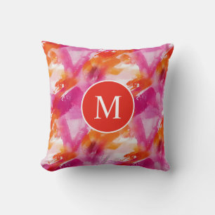 Monogram Watercolor Pink Orange Abstract Throw Pillow