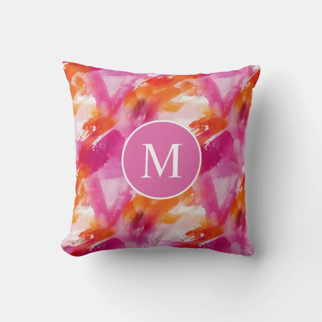 Monogram Watercolor Pink Orange Abstract Throw Pillow (Front)