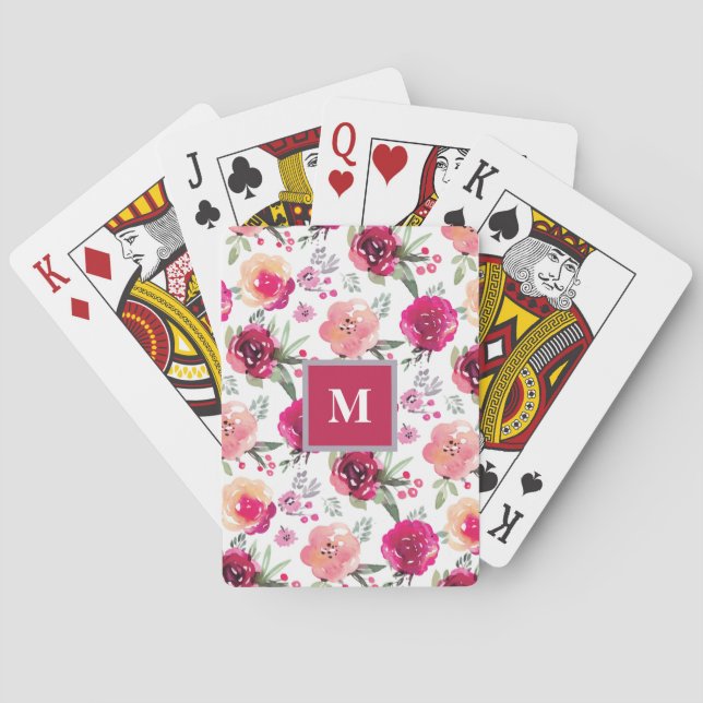 Monogram Watercolor Pink Peach Floral Playing Cards (Back)