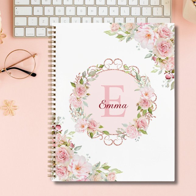 Monogram Watercolor Pink Rose Flowers Sketchbook Notebook (In situ)