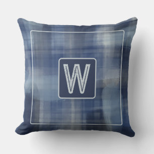 Monogram watercolor plaid blue navy grey tartan  throw pillow