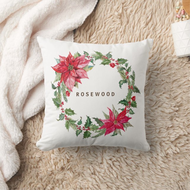 Monogram Watercolor Poinsettia Christmas Wreath Throw Pillow (Blanket)