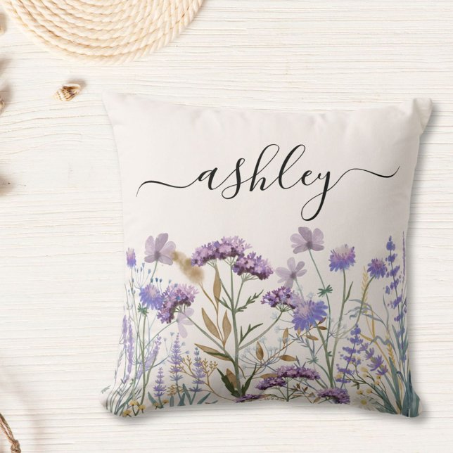 Monogram Watercolor Purple Wildflower Meadow Throw Pillow (In situ)
