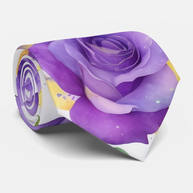 Monogram Watercolor Purple Yellow Rose  Tie (Rolled)