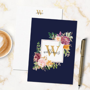 Monogram Watercolor Roses Gold Flower Floral Card
