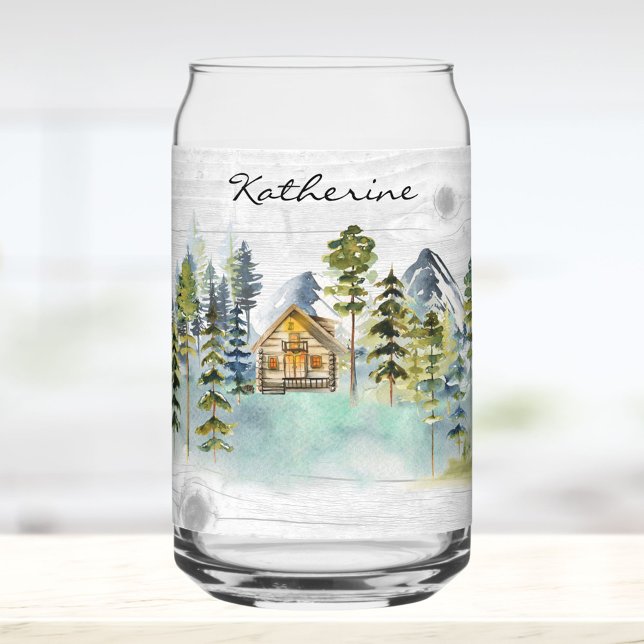 Monogram Watercolor Rustic Forest Mountain Cabin Can Glass (In situ)