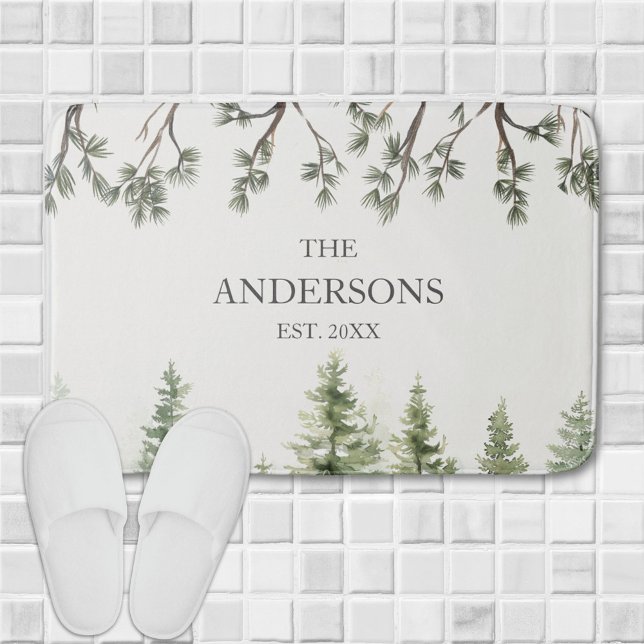 Monogram Watercolor Rustic Pine Trees and Branches Bath Mat (In situ)