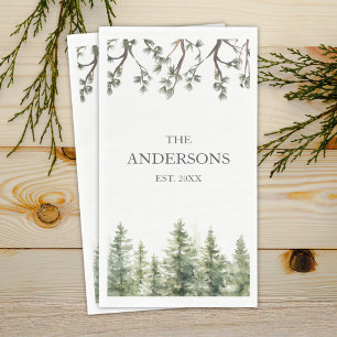 Monogram Watercolor Rustic Pine Trees and Branches Napkin