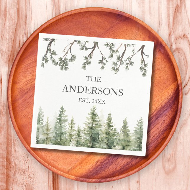Monogram Watercolor Rustic Pine Trees and Branches Napkin (In situ)