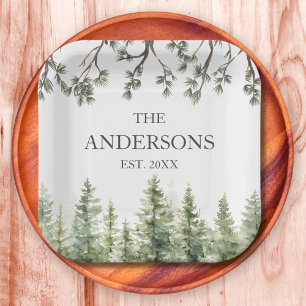 Monogram Watercolor Rustic Pine Trees and Branches Paper Plate