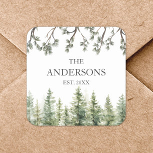 Monogram Watercolor Rustic Pine Trees and Branches Square Sticker
