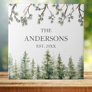 Monogram Watercolor Rustic Pine Trees and Branches Tile